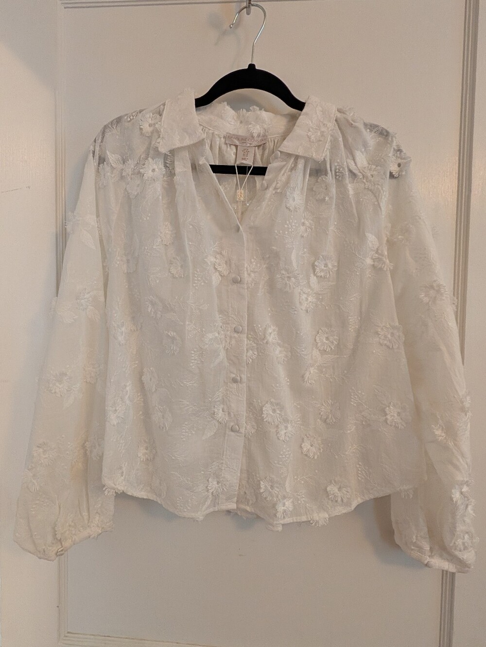 Caroline Constas White Sheer Floral Appliqué Button-Down Blouse